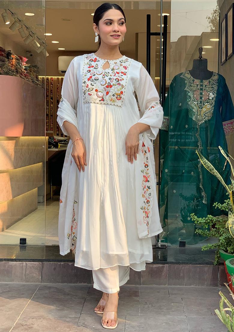 White Embroidered Viscose Salwar Kameez