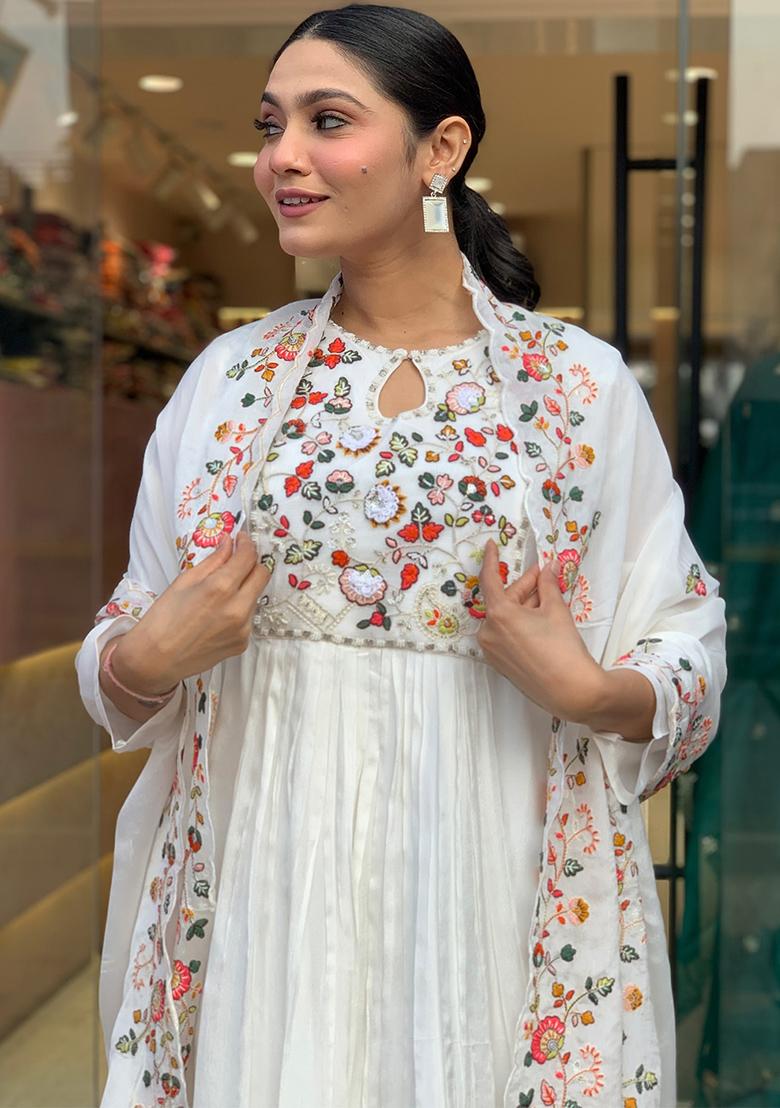 White Embroidered Viscose Salwar Kameez