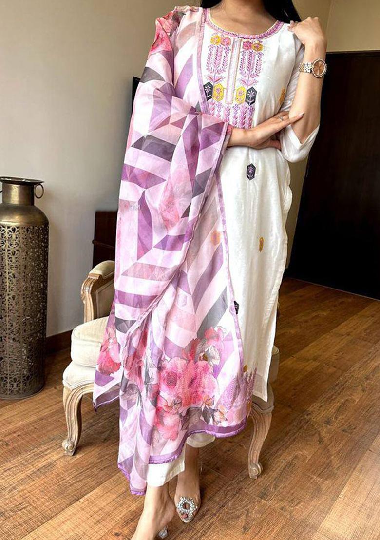 White Embroidered Viscose Salwar Kameez