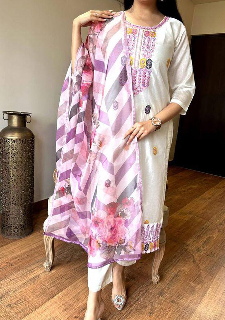 White Embroidered Viscose Salwar Kameez