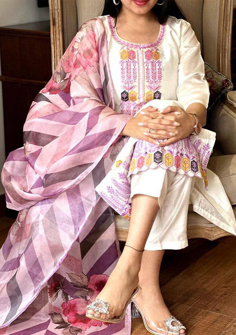 White Embroidered Viscose Salwar Kameez