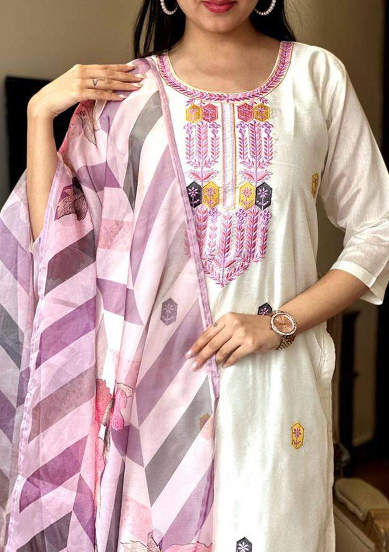 White Embroidered Viscose Salwar Kameez