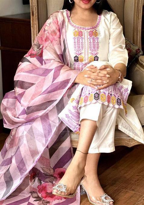White Embroidered Viscose Salwar Kameez