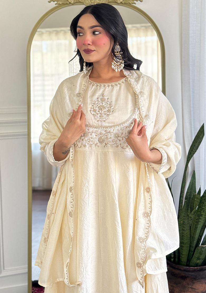 White Embroidered Silk Salwar Kameez