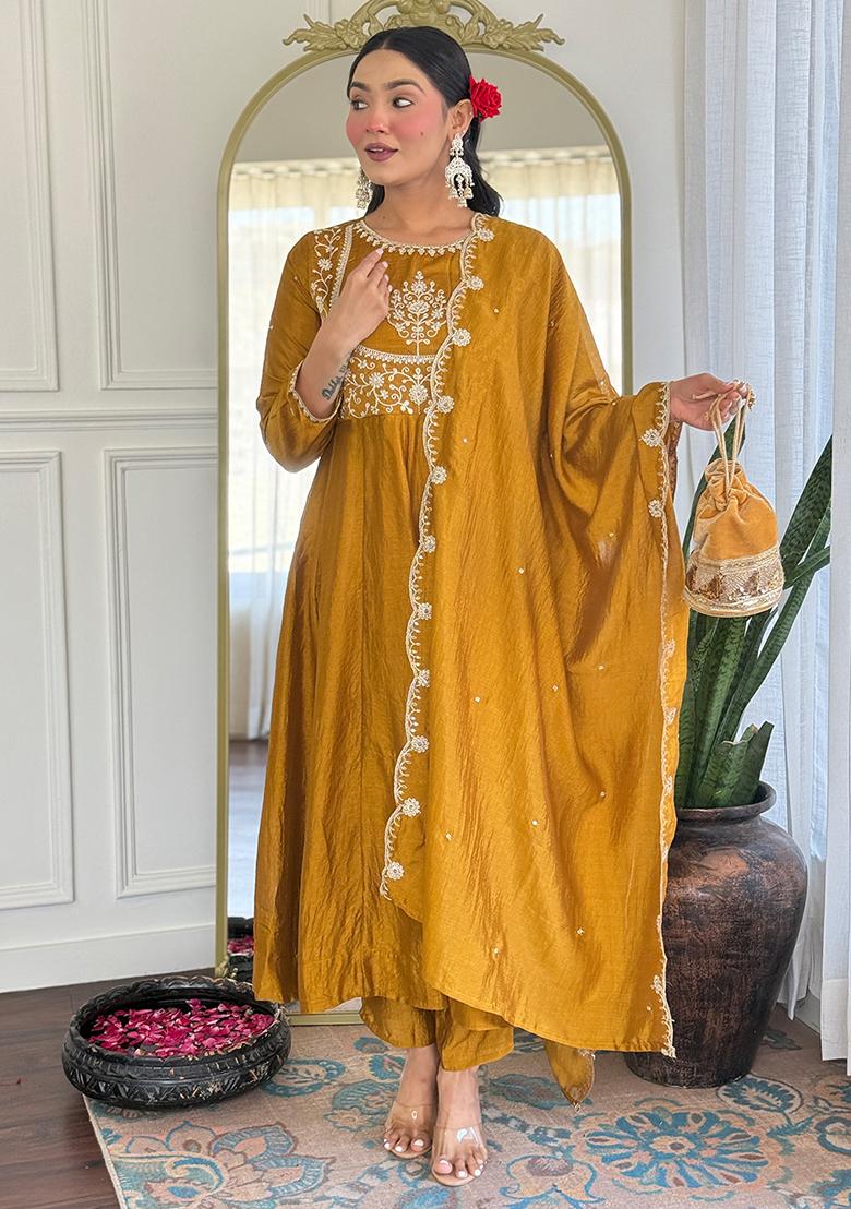Mustard Yellow Embroidered Silk Salwar Kameez