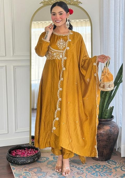 Mustard Yellow Embroidered Silk Salwar Kameez