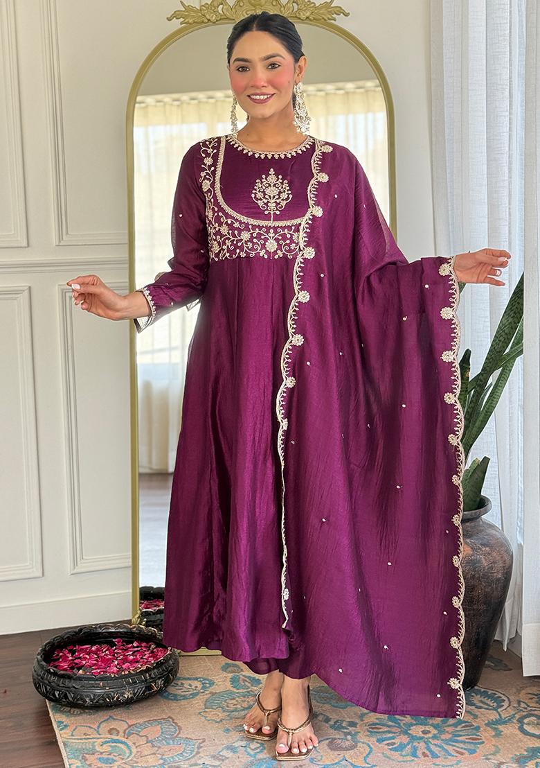 Purple Embroidered Silk Salwar Kameez