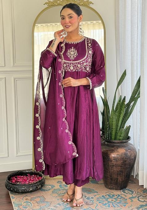 Purple Embroidered Silk Salwar Kameez