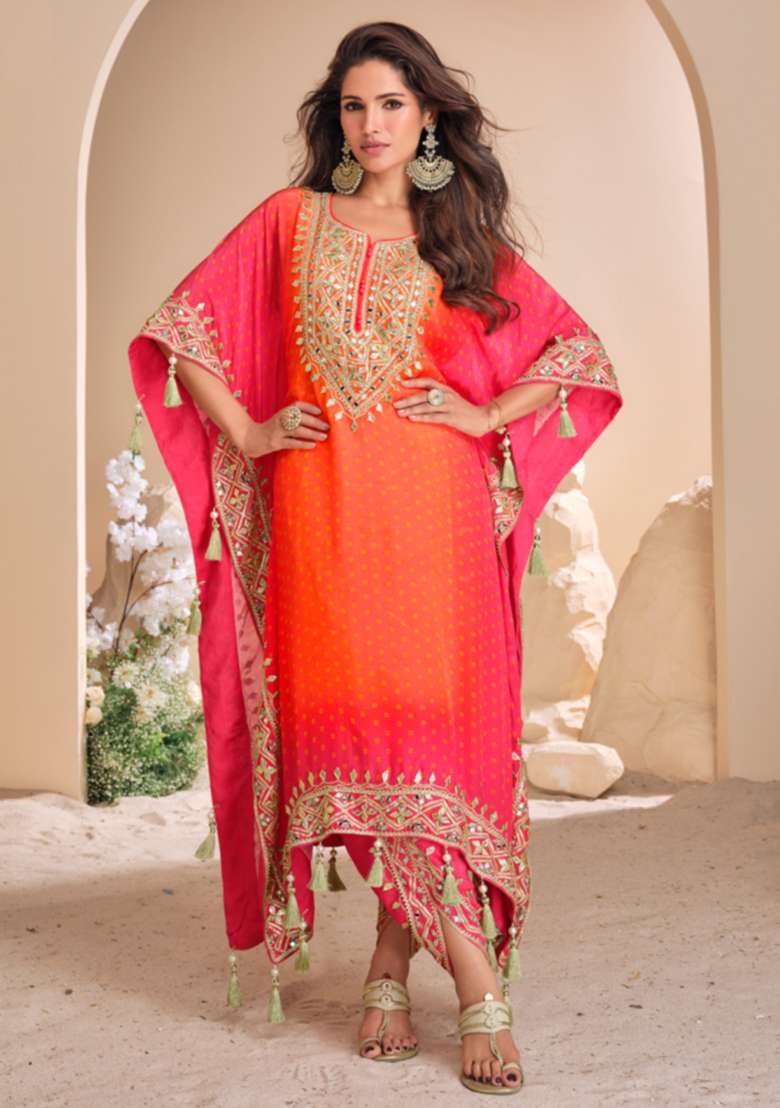 Pink Embroidered Crepe Silk Salwar Kameez - Indya