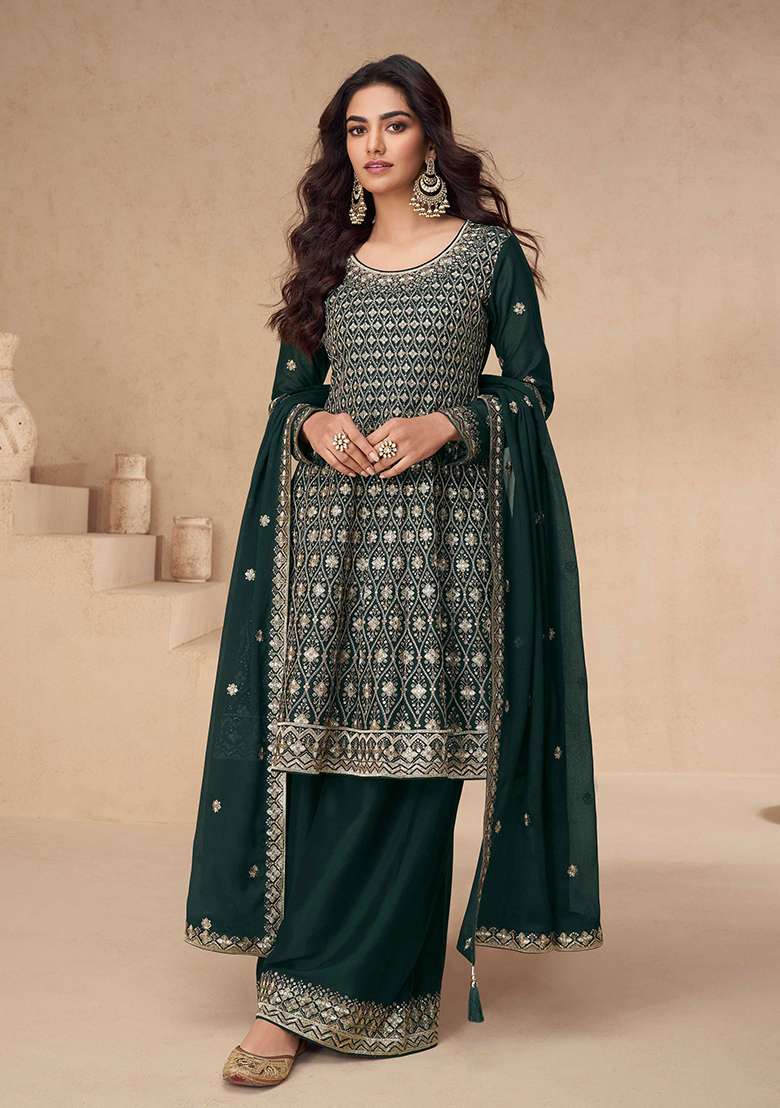 Green Embroidered Chinnon Anarkali With Dupatta - Indya