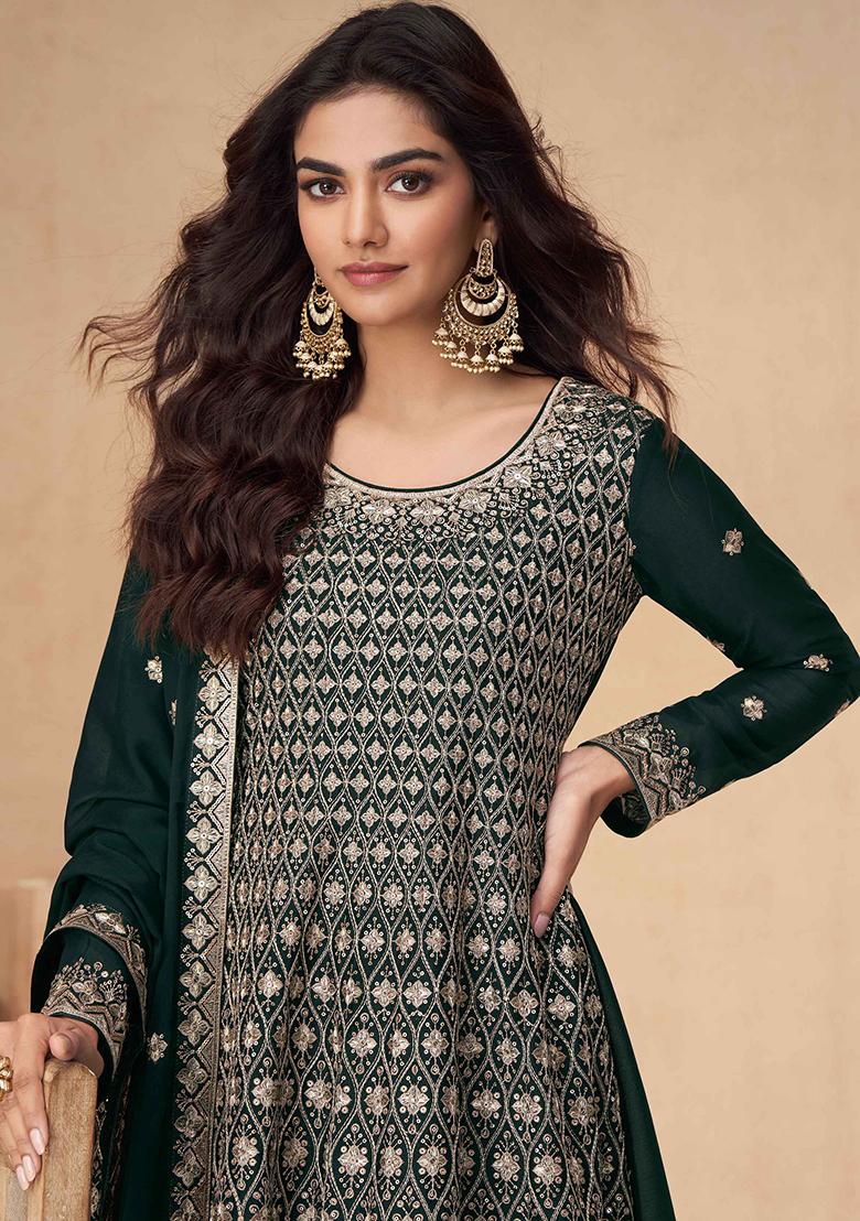 Green Embroidered Chinnon Anarkali Set With Dupatta