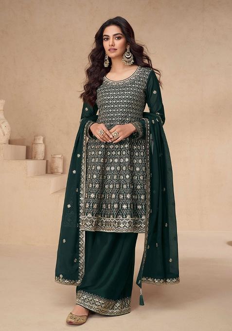 Green Embroidered Chinnon Anarkali Set With Dupatta