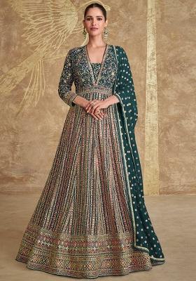 Green Embroidered Georgette Anarkali Set With Dupatta