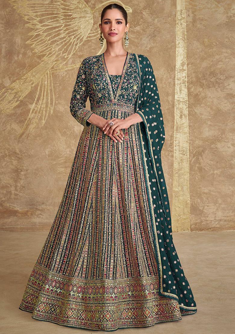 Green Embroidered Georgette Anarkali Set With Dupatta