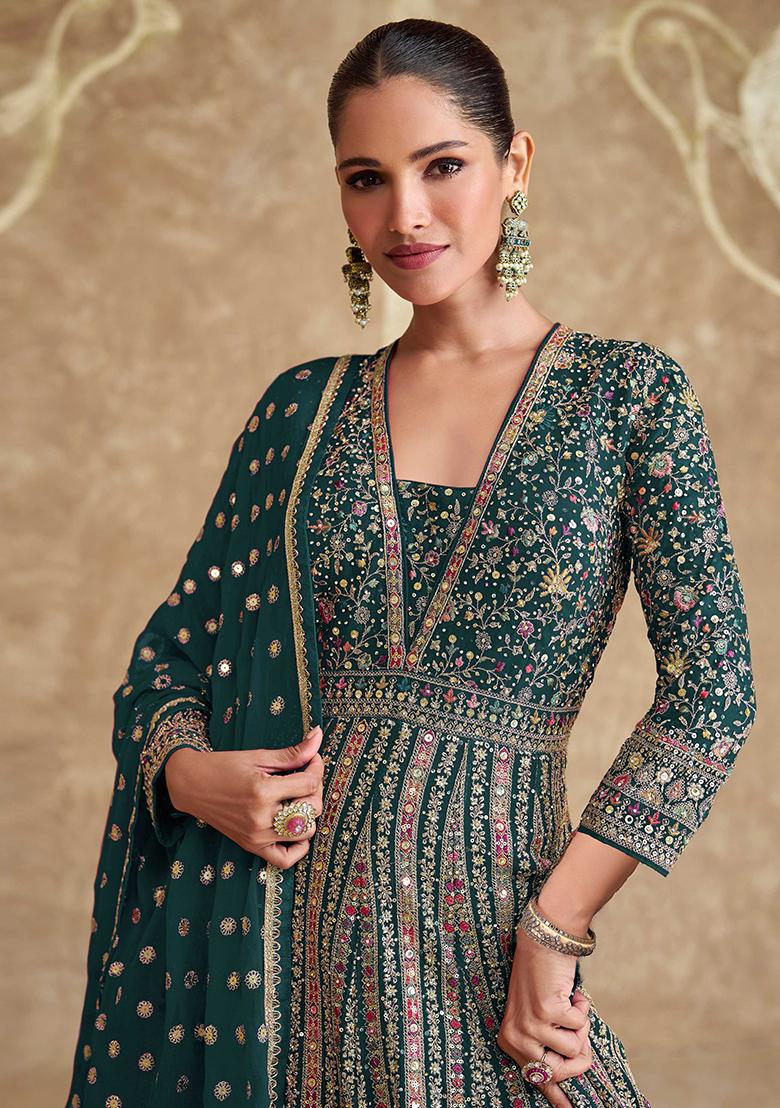 Green Embroidered Georgette Anarkali Set With Dupatta