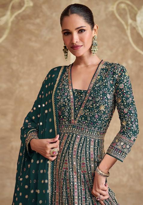 Green Embroidered Georgette Anarkali Set With Dupatta