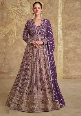 Purple Embroidered Georgette Anarkali Set With Dupatta
