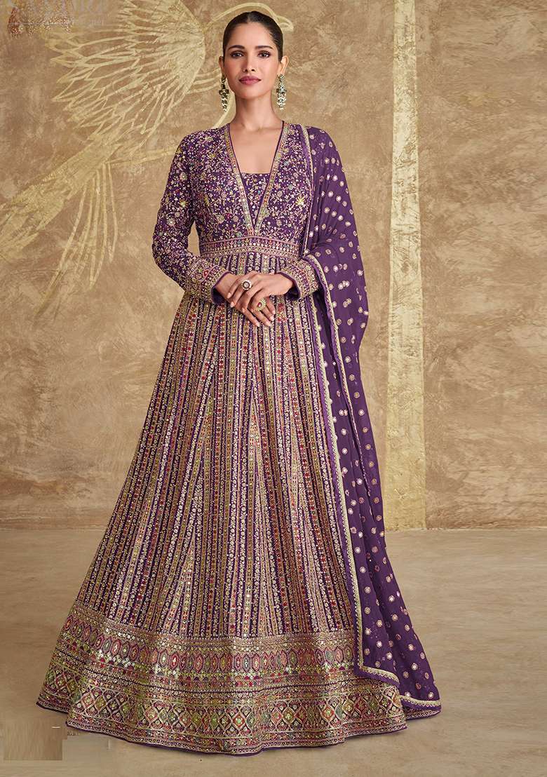 Purple Embroidered Georgette Anarkali Set With Dupatta - Indya