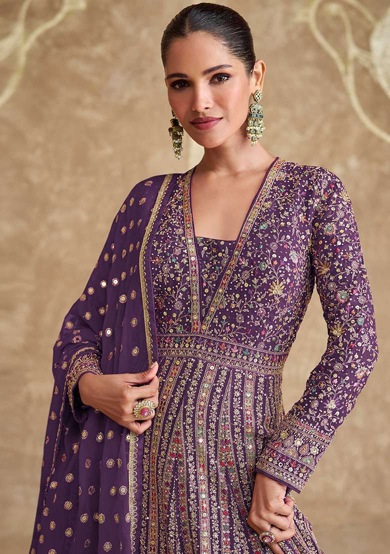 Purple Embroidered Georgette Anarkali Set With Dupatta - Indya