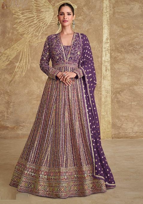 Purple Embroidered Georgette Anarkali Set With Dupatta