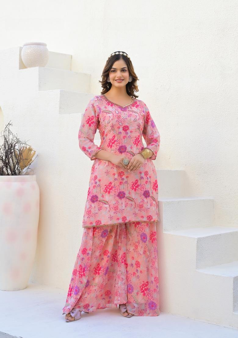 Peach Digital Printed Georgette Sharara Set With Dupatta