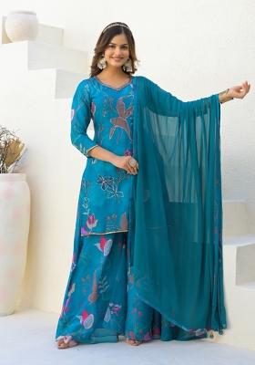 Sky Blue Digital Printed Georgette Sharara Set With Dupatta