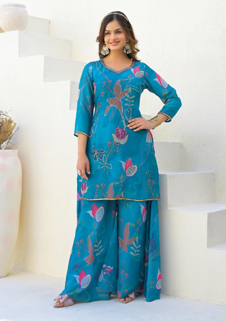 Sky Blue Digital Printed Georgette Sharara Set With Dupatta