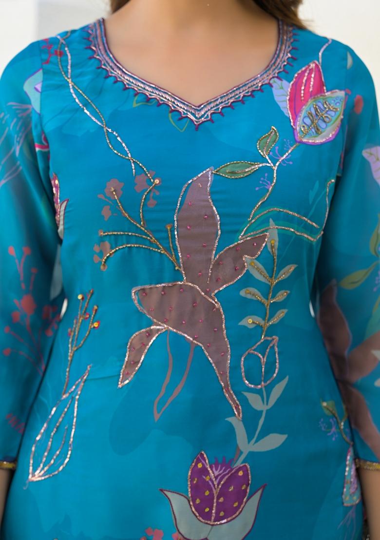 Sky Blue Digital Printed Georgette Sharara Set With Dupatta