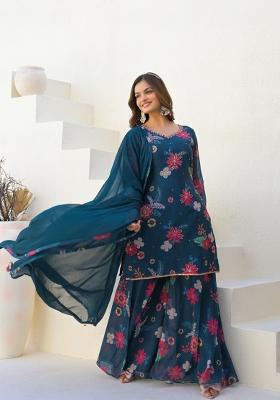 Nevy Blue Digital Printed Georgette Sharara Set With Dupatta