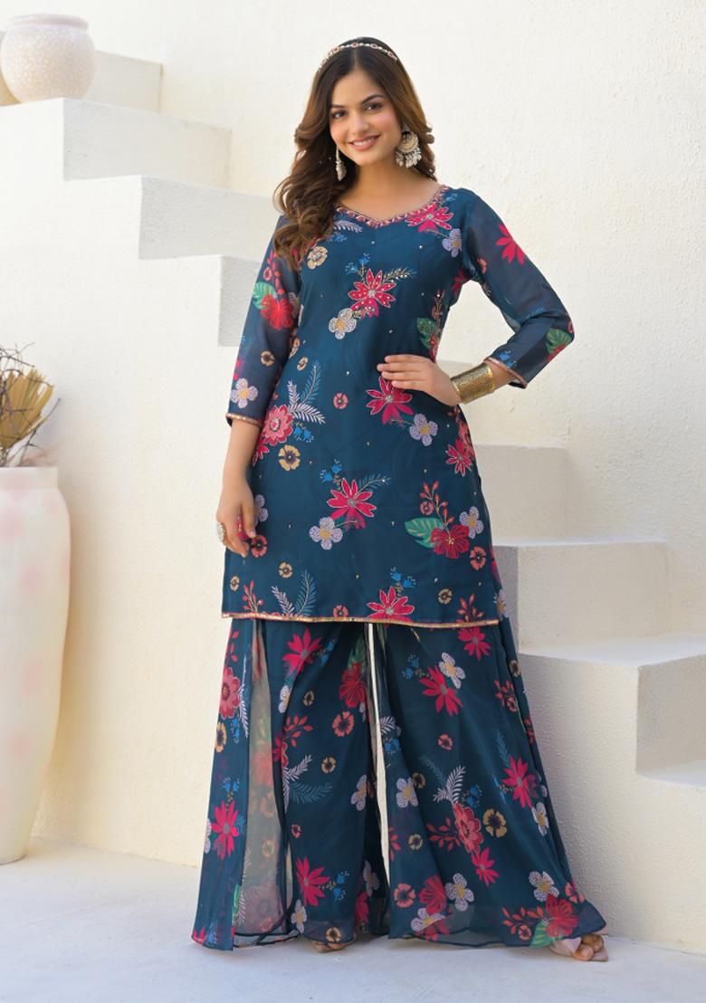 Nevy Blue Digital Printed Georgette Sharara Set With Dupatta