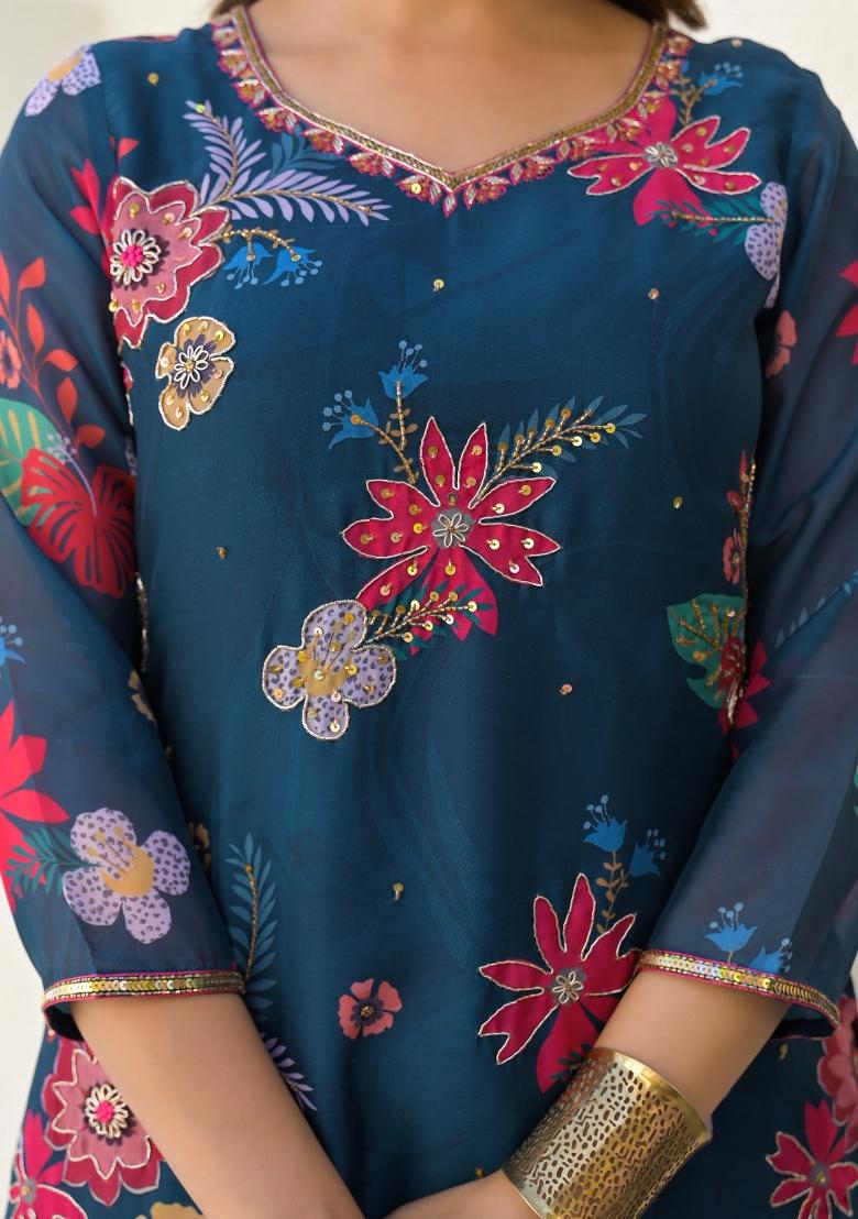 Nevy Blue Digital Printed Georgette Sharara Set With Dupatta