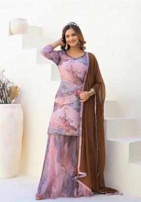 Cream Digital Printed Georgette Sharara Set With Dupatta