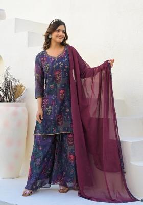 Purple Digital Printed Georgette Sharara Set With Dupatta