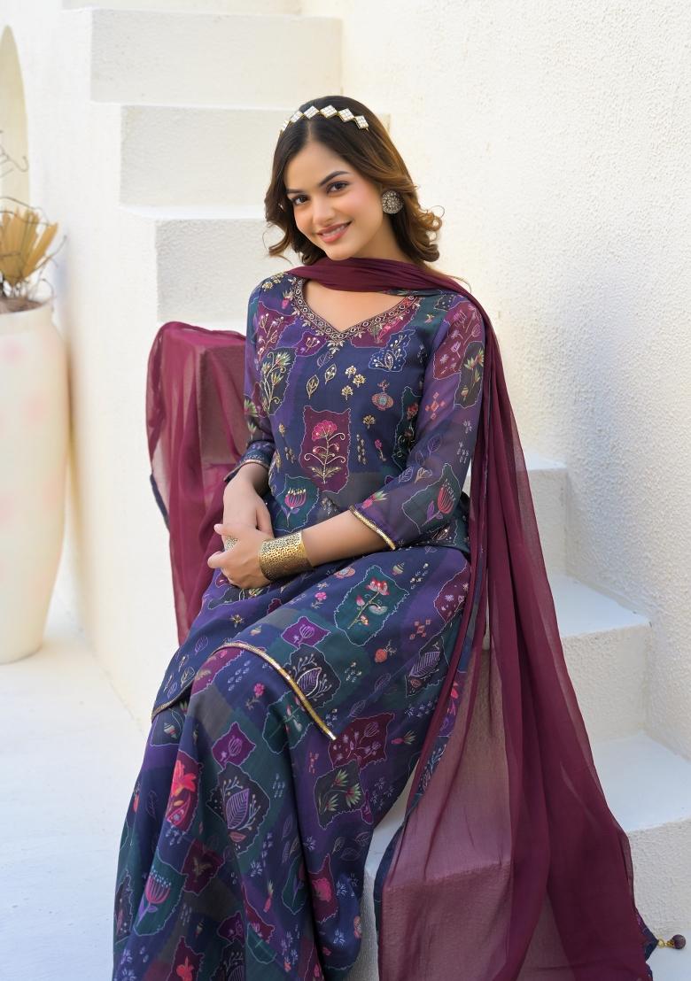 Purple Digital Printed Georgette Sharara Set With Dupatta