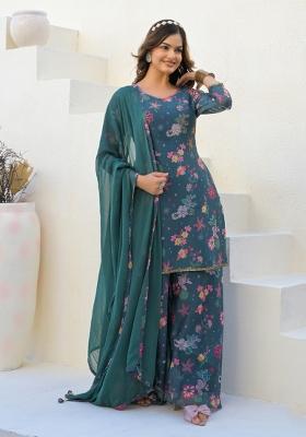 Dark Grey Digital Printed Georgette Sharara Set With Dupatta