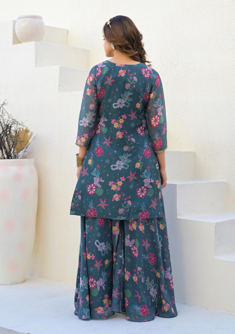 Dark Grey Digital Printed Georgette Sharara Set With Dupatta