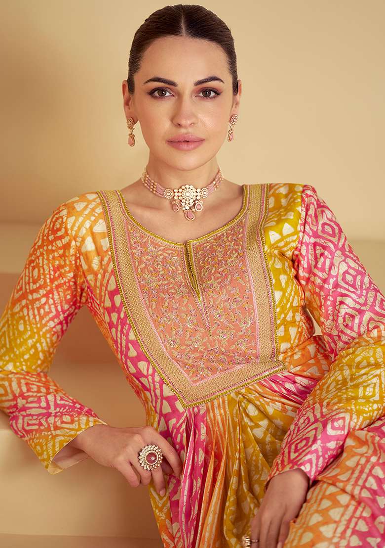 Multi Embroidered Muslin Anarkali With Dupatta With Dupatta - Indya