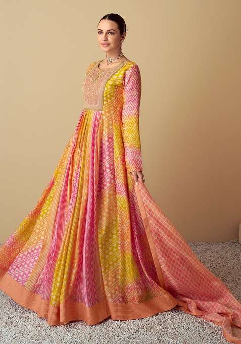 Multi Embroidered Muslin Anarkali With Dupatta With Dupatta