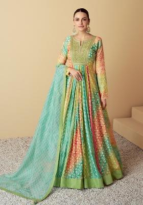 Multi Embroidered Muslin Anarkali Set With Dupatta