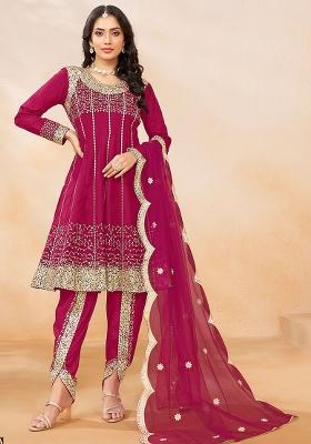 Pink Embroidered Art Silk Anarkali Set With Dupatta
