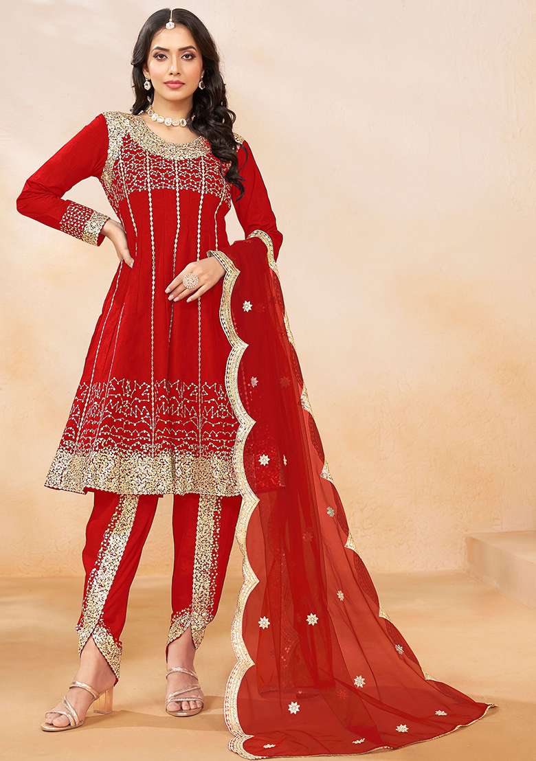 Red Embroidered Art Silk Anarkali With Dupatta With Dupatta - Indya