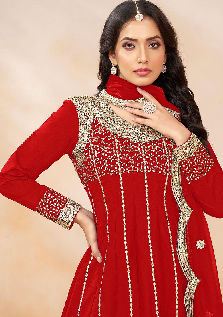 Red Embroidered Art Silk Anarkali Set With Dupatta