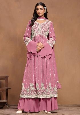 Pink Embroidered Georgette Sharara Set With Dupatta