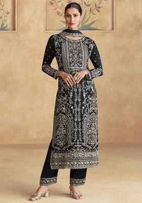 Black Embroidered Chinnon Palazzo Set With Dupatta