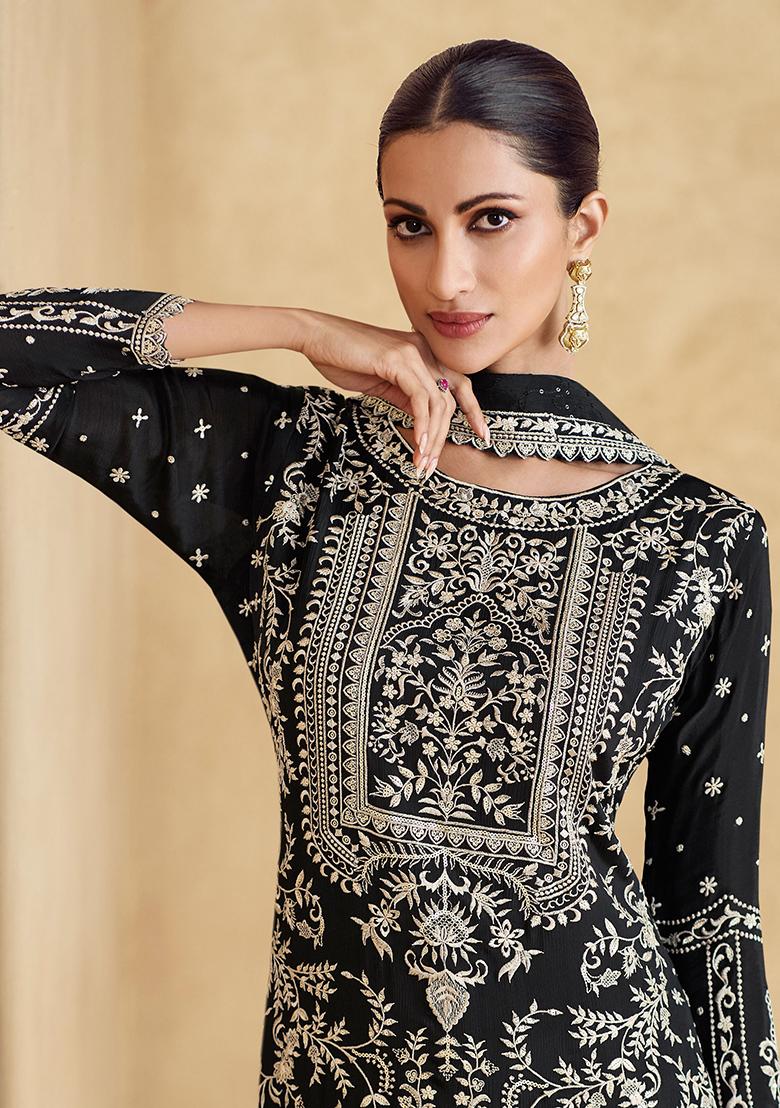 Black Embroidered Chinnon Palazzo Set With Dupatta