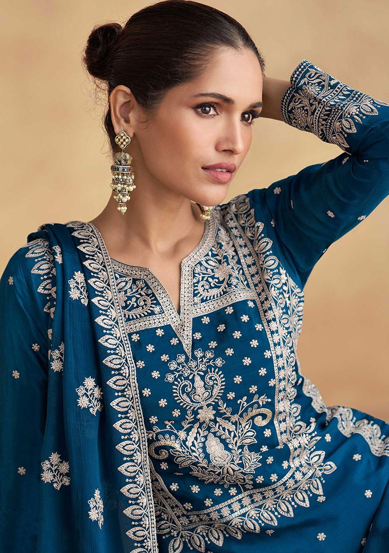 Blue Embroidered Chinnon Palazzo Set With Dupatta