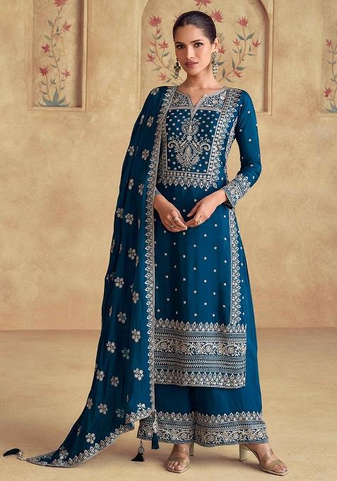 Blue Embroidered Chinnon Palazzo Set With Dupatta