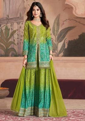 Green Embroidered Chinnon Palazzo Set With Dupatta