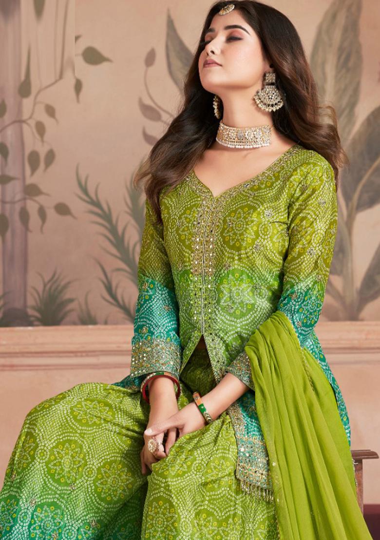 Green Embroidered Chinnon Palazzo Set With Dupatta