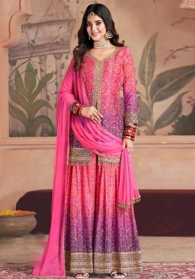 Pink and Purple Embroidered Chinnon Palazzo Set With Dupatta